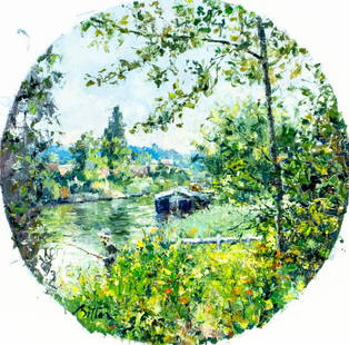 Pierre Bittar (MI,France,1934-?) oil painting: ARTIST: Pierce Bittar (Michigan, French, 1934 - ???) TITLE: River Landscape with Fisherman MEDIUM: oil on canvas CONDITION: Some paint losses. No visible inpaint under UV