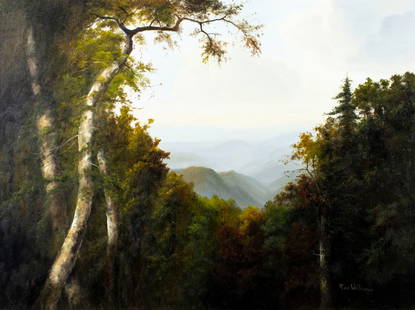 Ron Williams (TN,1947-2016) oil painting: ARTIST: Ron Williams (Tennessee, 1947 - 2016) TITLE: Autumn Mountain Landscape MEDIUM: oil on canvas CONDITION: Overall good. No visible inpaint under UV light. Normal wea