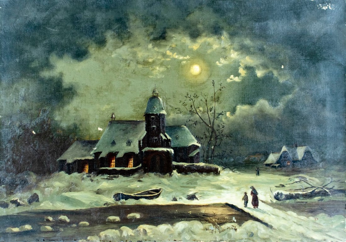 Antique 19C European oil painting signed: ARTIST: - (Europe, 19 century) TITLE: Moonlit Village Landscape with Church MEDIUM: oil on canvas CONDITION: Few small patches. Some scratches/paint losses. No visible inp