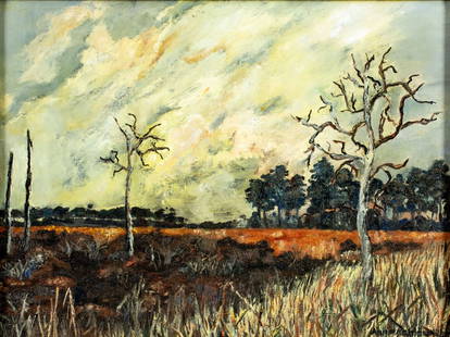 Anne Noble Miller (FL,mid 20C) oil painting: ARTIST: Anne Noble Miller (Florida, mid 20 century) TITLE: Sunset Landscape MEDIUM: oil on canvas board CONDITION: Few minor paint losses. Some craquelure. Some scattered in