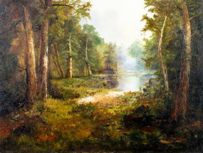 Ron Williams (TN,1947-2016) oil painting: ARTIST: Ron Williams (Tennessee, 1947 - 2016) TITLE: Forest Lake Landscape MEDIUM: oil on canvas CONDITION: Overall good. No visible inpaint under UV light. AR