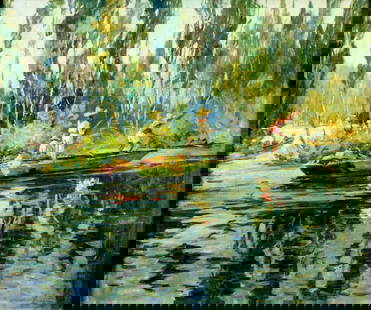 Jesse Hobby (IL,1871-1938) oil painting antique: ARTIST: Jesse Carl Hobby (Illinois, 1871 - 1938) TITLE: River Landscape with Boats MEDIUM: oil on canvas CONDITION: One small patch with corresponding paint loss. Few mino