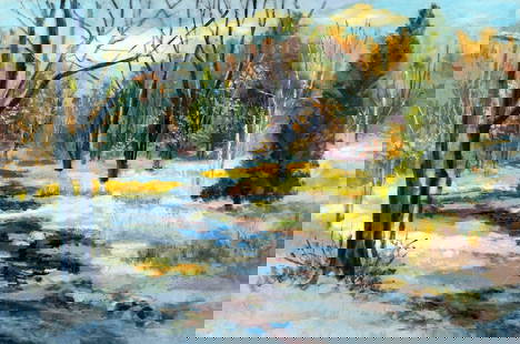 John Reilly (NY,NJ,1942-2021) oil painting: ARTIST: John Reilly (New York, New Jersey, 1942 - 2021) TITLE: Winter Stream Landscape MEDIUM: oil on board CONDITION: Some scratches/paint losses. No visible inpaint unde