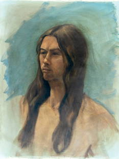 Penny Purpura (US,20C) oil painting: ARTIST: Penny Purpura (American, 20 century) TITLE: Portrait of Woman MEDIUM: oil on canvas CONDITION: Few pinhole punctures along the upper egde. No visible inpaint under U