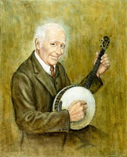 Peter A Bill (UK,1936-2014) oil painting: ARTIST: Peter A Bill (United Kingdom, 1936 - 2014) TITLE: Man Playing the Banjo MEDIUM: oil on canvas CONDITION: Unstretched (In-House stretching available). Few minor pai