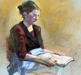 John Reilly (NY,NJ,1942-2021) oil painting: ARTIST: John Reilly (New York, New Jersey, 1942 - 2021) TITLE: Woman Reading MEDIUM: oil on board CONDITION: Few small scratches/paint losses. No visible inpaint under UV