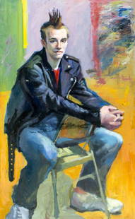 John Reilly (NY,NJ,1942-2021) oil painting: ARTIST: John Reilly (New York, New Jersey, 1942 - 2021) TITLE: Portrait of Young Man MEDIUM: oil on board CONDITION: One repared horizontal crack with corresponding inpain