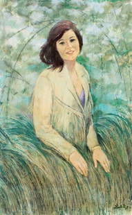 Thornton Utz (FL,TN,1914-1999) oil painting: ARTIST: Thornton Utz (Florida, Tennessee, 1914 - 1999) TITLE: Portrait of Woman MEDIUM: oil on board CONDITION: Few minor scratches/paint losses. Normal wear along edges.