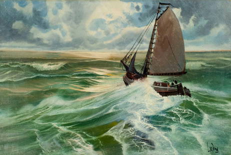 Lambertus de Jong (Dutch,1919-2005) oil painting: ARTIST: Lambertus de Jong (Netherlands, 1919 - 2005) TITLE: Seascape with Sailing Boat MEDIUM: oil on canvas CONDITION: One small patch. Some damages to corners of canvas.