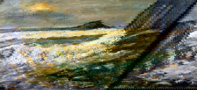Troiano (US,mid 20C) oil painting: ARTIST: Troiano (American, mid 20 century) TITLE: Sunset Seascape MEDIUM: oil on canvas CONDITION: Few small patches. Some paint losses. Some craquelure. No visible inpaint