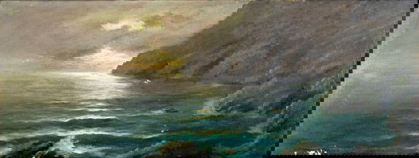 Arturo Cerio (Italy,1868-1931) oil painting antique: ARTIST: Arturo Cerio (Italian, 1868 - 1931) TITLE: Sunset Seascape, Capri, Italy MEDIUM: oil on canvas CONDITION: One small patch. Some paint losses mostly along the lower