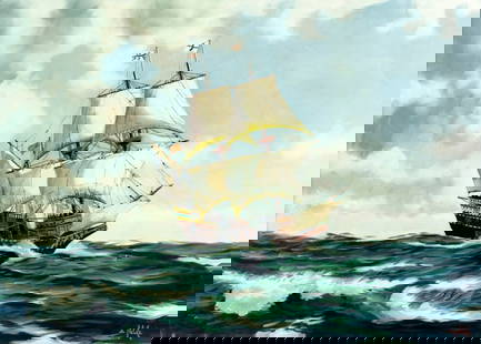 Alexander Nelke (NY,SC,Estonia,1894-1974) oil painting: ARTIST: Alexander Nelke (New York, South Carolina, Estonian, 1894 - 1974) TITLE: Sail Ship MEDIUM: oil on canvas CONDITION: One small patch-repaired puncture with correspo