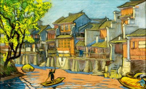 Boris Krenov (Russia,early 20C) pastel painting antique: ARTIST: Boris Krenov (Russian, early 20 century) TITLE: Chinese Town Scene YEAR: 1924 MEDIUM: pastel on paper CONDITION: Minor age toning. Framed under g