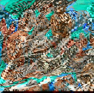 Evelyn Metzger (NY,Brazil,1911-2007) oil painting: ARTIST: Evelyn Borchard Metzger (New York, Brazilian, 1911 - 2007) TITLE: Asian Mythological Scene YEAR: 1997 MEDIUM: oil on board CONDITION: Few minor