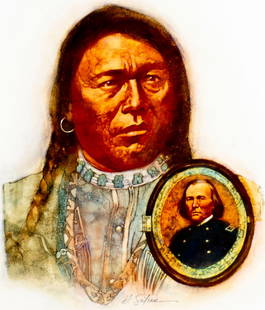 Hodges Soileau (LA,FL,1943-?) mixed media painting: ARTIST: Hodges D Soileau (Louisiana, Florida, 1943 - ???) TITLE: Portraits of American Indians - Oruay YEAR: 1982 MEDIUM: mixed media on board CONDITION: