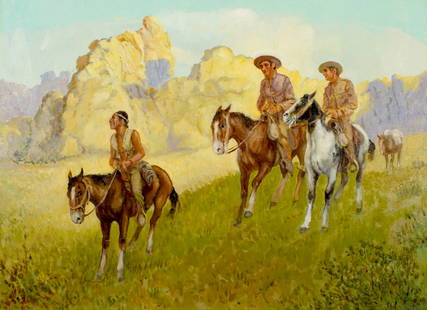 Vintage 20C American oil painting: ARTIST: - (American, 20 century) TITLE: Western Scene MEDIUM: oil on canvas board CONDITION: Very good. No visible inpaint under UV light. ART SIZE: 21