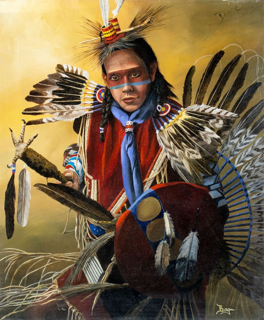 Vintage 20C American oil painting signed: ARTIST: - (American, 20 century) TITLE: Comanche Indian - We Dance Because We Can (titled on stretcher) MEDIUM: oil on canvas CONDITION: Few small scratches/paint losses