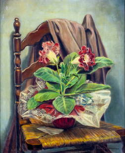 Bunny Hammer (PA,mid 20C) oil painting: ARTIST: Bunny Hammer (Pittsburgh, Pennsylvania, mid 20 century) TITLE: Still Life with Flowers MEDIUM: oil on canvas CONDITION: Few small scratches by the lower edge. No vis