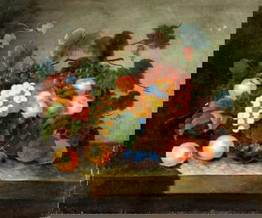 Antique 19C American oil painting: ARTIST: - (American, 19 century) TITLE: Still Life with Fruit Basket MEDIUM: oil on canvas CONDITION: Three patches. Some scratches/paint losses. Some craquelure. No visib