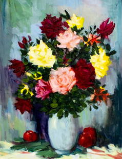 V Dorsele (Europe,20C) oil painting: ARTIST: V Dorsele (European, 20 century) TITLE: Still Life with Vase of Roses and Apples MEDIUM: oil on canvas CONDITION: Unstretched (In-House stretching available). Some c