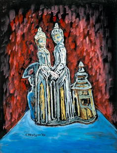 Evelyn Metzger (NY,Brazil,1911-2007) oil painting: ARTIST: Evelyn Borchard Metzger (New York, Brazilian, 1911 - 2007) TITLE: Still Life with Statuette YEAR: 2003 MEDIUM: oil on board CONDITION: Few smal