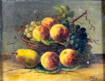 Felix (France,19C) oil painting antique: ARTIST: Felix (French, 19 century) TITLE: Still Life with Fruit Basket MEDIUM: oil on canvas CONDITION: Few small patches. Some paint losses (see pictures carefully). Some c