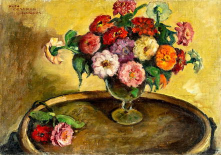 Ruth Eastman (NY,MD,1882-1976) oil painting: ARTIST: Ruth Eastman Rodgers (New York, Maryland, 1882 - 1976) TITLE: Floral Still Life MEDIUM: oil on canvas CONDITION: Relined. Some scratches/paint losses. Some scatter