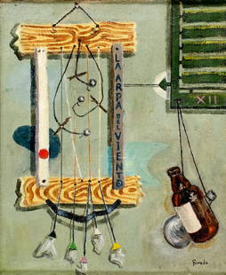 Sureda (Spain,early 20C) oil painting: ARTIST: Sureda (Spanish, early 20 century) TITLE: Still Life - La Arpa Del Viento MEDIUM: oil on canvas CONDITION: Minor paint losses. Minor craquelure. No visible inpaint u