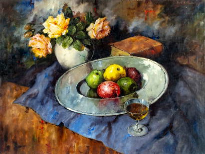 Carl Holger Fischer (Denmark,1885-1955) oil painting: ARTIST: Carl Holger Fischer (Danish, 1885 - 1955) TITLE: Still Life with Fruit and Vase of Flowers MEDIUM: oil on canvas CONDITION: Some nail holes by the right edge. Some