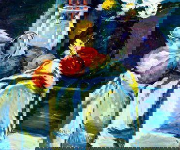 Stephen Story (NY,1915-1988) oil painting: ARTIST: Stephen S Story (New York, 1915 - 1988) TITLE: Still Life YEAR: 1983 MEDIUM: oil on board CONDITION: Missing a few flakes of paint. No visible