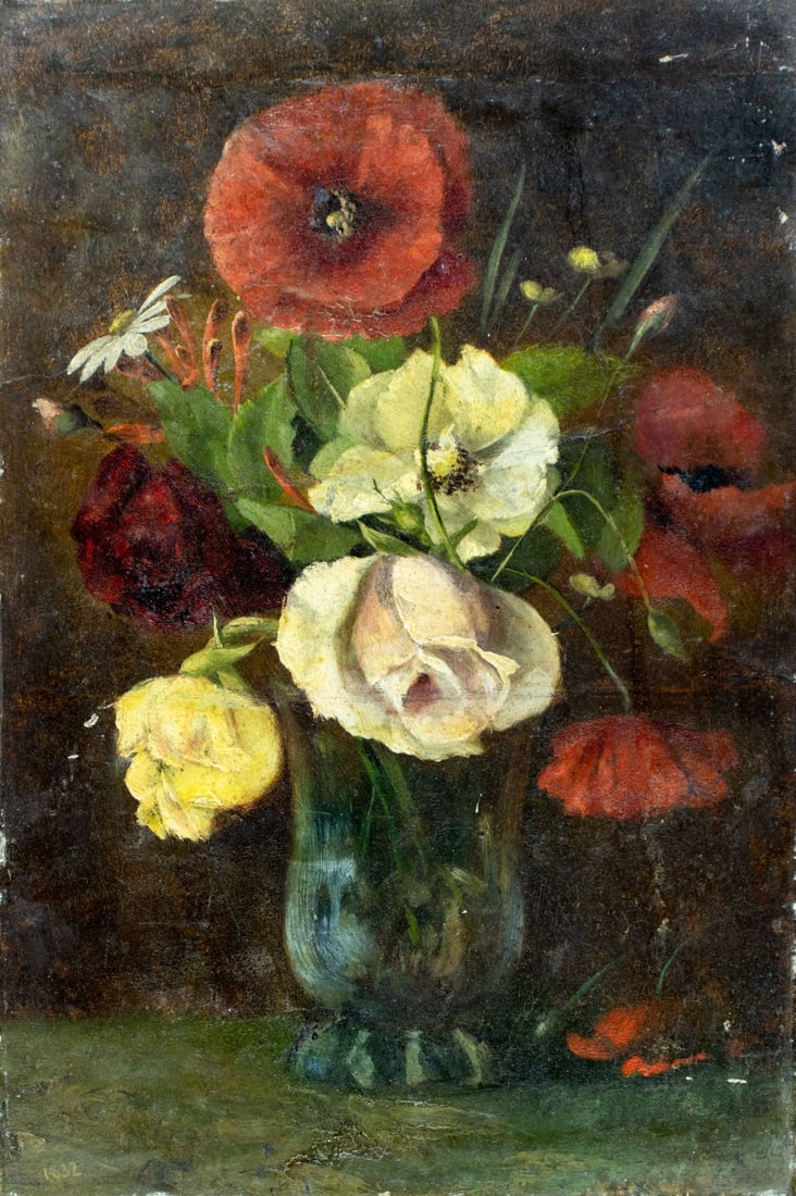Antique early 20C American oil painting: ARTIST: - (American, early 20 century) TITLE: Still Life with Vase of Flowers MEDIUM: oil on board CONDITION: Minor scratches/paint losses mostly along edges. Some craquel