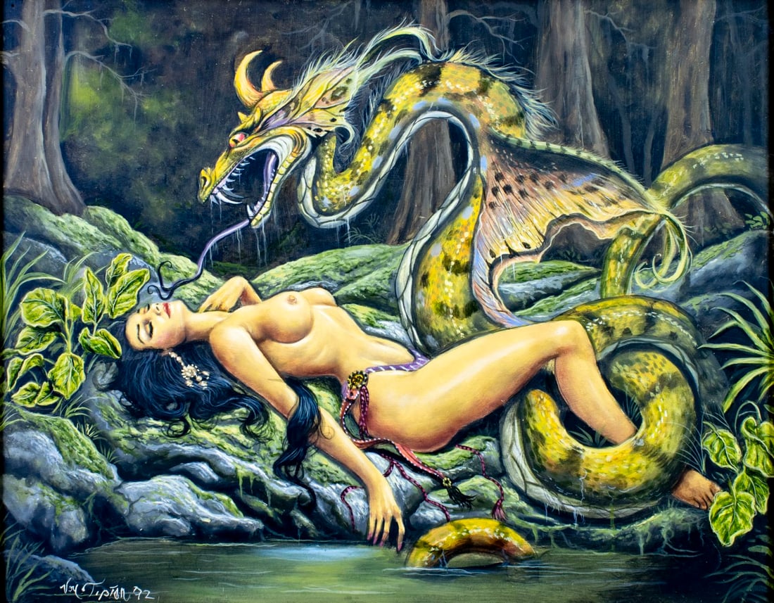 Von Tipton (GA,FL,1946-2002) oil painting: ARTIST: Von Tipton (Georgia, Florida, 1946 - 2002) TITLE: Nude and Serpent (titled on verso) YEAR: 1992 MEDIUM: oil on board CONDITION: Few minor scrat