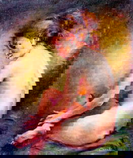 F Carabi (Europe,20C) oil painting: ARTIST: F Carabi (European, 20 century) TITLE: Seated Nude MEDIUM: oil on canvas CONDITION: Unstretched (In-House stretching available). Minor paint losses. Some craquelure.