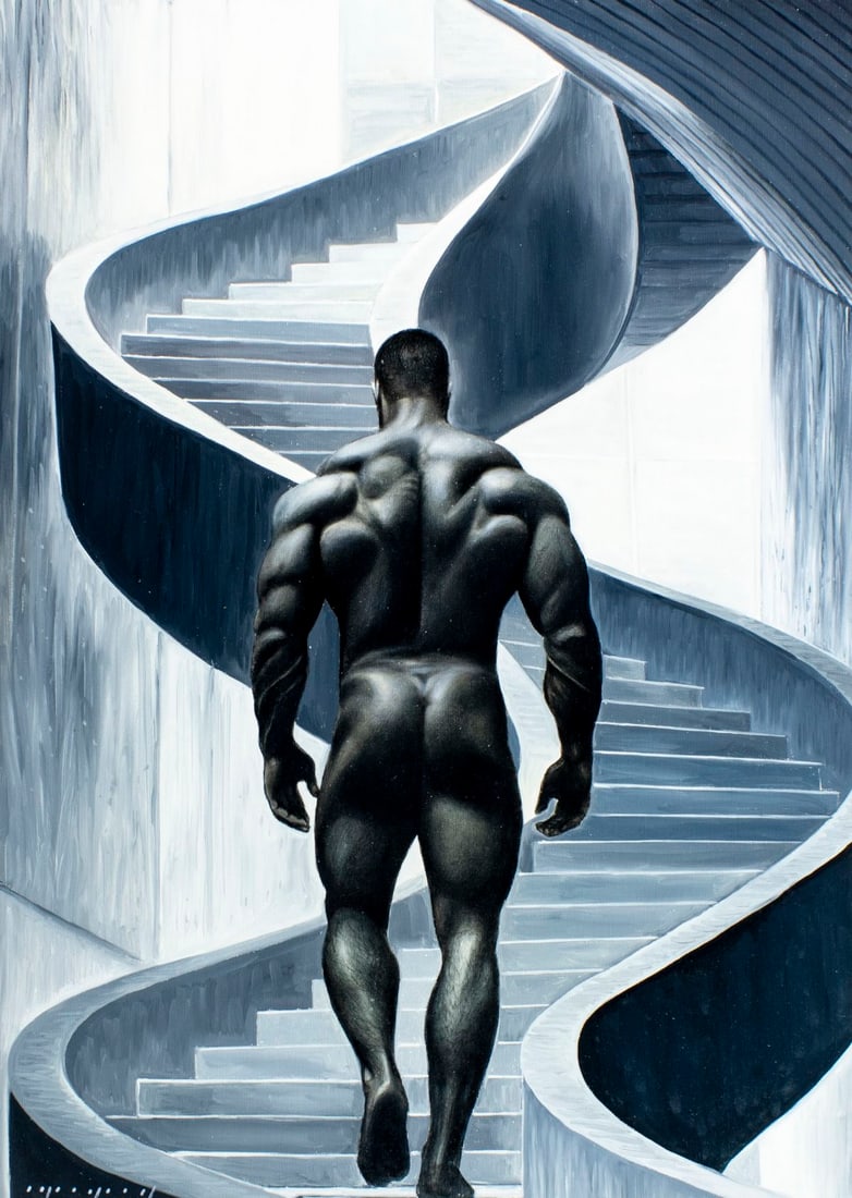 Igor Grey (Ukraine,b 1975) oil painting: ARTIST: Igor Grey (Ukrainian, born 1975) TITLE: Male Nude - Labyrinth of Self (titled on verso) MEDIUM: oil on canvas CONDITION: Unstretched (In-House stretching available).