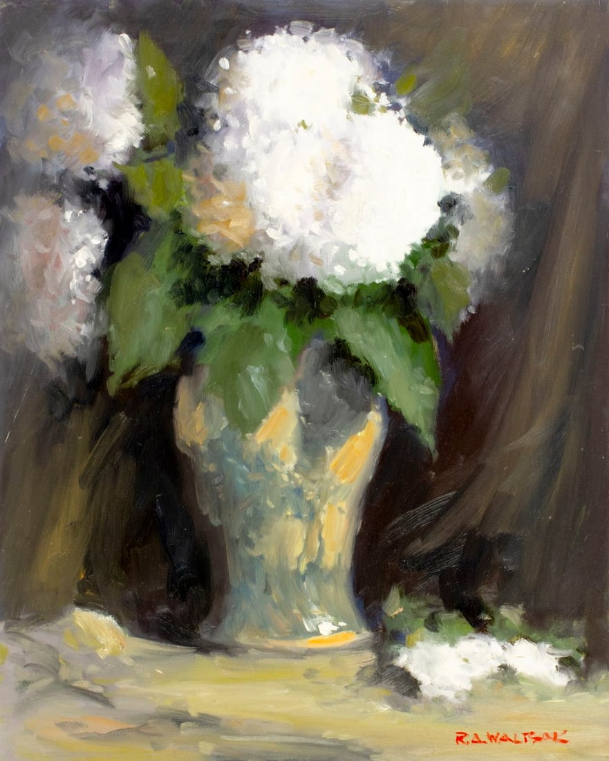 Robert Waltsak (NJ,b 1944) oil painting: ARTIST: Robert Alan Waltsak (New Jersey, born 1944) TITLE: Still Life with Vase of Flowers MEDIUM: oil on board CONDITION: Few minor scratches/paint losses. No visible inpai
