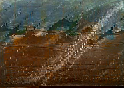 Pios Rodaman (FL,Brazil,b 1953) mixed media painting: ARTIST: Pios Rodaman (Florida, Brazilian, born 1953) TITLE: Abstract Composition YEAR: 1997 MEDIUM: mixed media on canvas. Canvas applied to board. CONDITION: