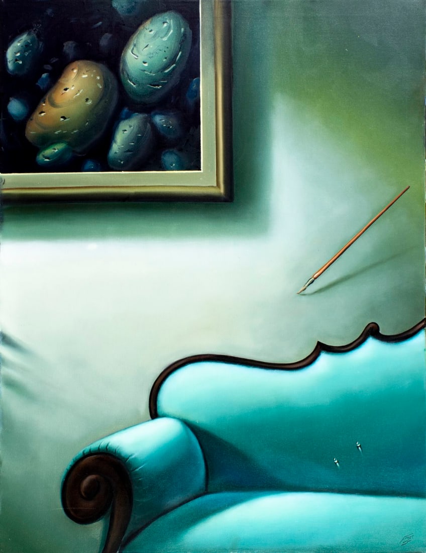 Ferjo (PA,Brazil,b 1946) oil painting: ARTIST: Ferjo Fernando de Jesus Oliveira (Pennsylvania, Brazilian, born 1946) TITLE: Aqua Couch (titled on verso) YEAR: 2007 MEDIUM: oil on canvas CONDITION: