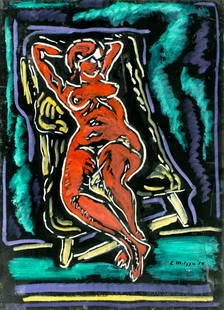 Evelyn Metzger (NY,Brazil,1911-2007) oil painting: ARTIST: Evelyn Borchard Metzger (New York, Brazilian, 1911 - 2007) TITLE: Reclining Nude YEAR: 1994 MEDIUM: oil on board CONDITION: Some scratches. No