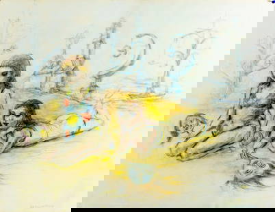 Peter Passuntino (IL,France,1936-?) mixed media painting: ARTIST: Peter Zaccaria Passuntino (Illinois, French, 1936 - ???) TITLE: Surreal Scene with Women MEDIUM: mixed media on heavy paper CONDITION: Few pinholes by the upper co