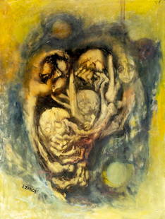 Joye Zarick (CT,IN,1923-1990) oil painting: ARTIST: Joye Zarick (Connecticut, Indianna, 1923 - 1990) TITLE: Abstract Composition MEDIUM: oil on canvas CONDITION: Some small paint losses. No visible inpaint under UV