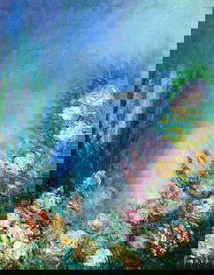 Yolanda Razzeto (Peru,1948-?) oil painting: ARTIST: Yolanda Razzeto (Peruvian, 1948 - ???) TITLE: Flower Garden Landscape MEDIUM: oil on canvas CONDITION: Unstretched (In-House stretching available). Missing a few f