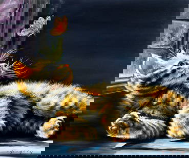 Igor Grey (Ukraine,b 1975) oil painting: ARTIST: Igor Grey (Ukrainian, born 1975) TITLE: Cat - Chasing Light (titled on verso) MEDIUM: oil on canvas CONDITION: Unstretched (In-House stretching available). Very good