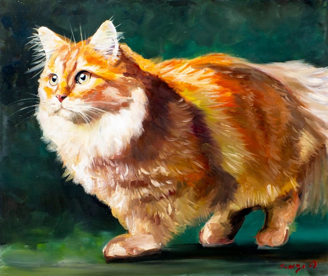 Alex Siryi (Ukraine,b 1997) oil painting: ARTIST: Alex Siryi (Ukrainian, born 1997) TITLE: Ginger Cat MEDIUM: oil on canvas CONDITION: Unstretched (In-House stretching available). Very good. No visible inpaint under