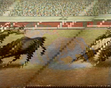 Arnold Plancher (NY,mid 20C) oil painting: ARTIST: Arnold Plancher (New York, mid 20 century) TITLE: Matador Conchita Cintron MEDIUM: oil on canvas board CONDITION: Minor damages to lower corners. Some scratches/pain