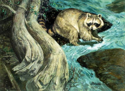 Shannon Stirnweis (AZ,NY,NH,OR,1931-2019) oil painting: ARTIST: Shannon Stirnweis (Arizona, New York, New Hampshire, Oregon, 1931 - 2019) TITLE: Racoon (titled on verso) YEAR: 1987 MEDIUM: oil on board CONDITION:
