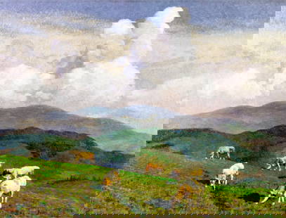 Alberto Zardo (Italy,1876-1959) oil painting: ARTIST: Alberto Zardo (Italian, 1876 - 1959) TITLE: Pastoral Landscape with Cows (titled on stretcher) MEDIUM: oil on canvas CONDITION: Missing a few flakes of paint. Som
