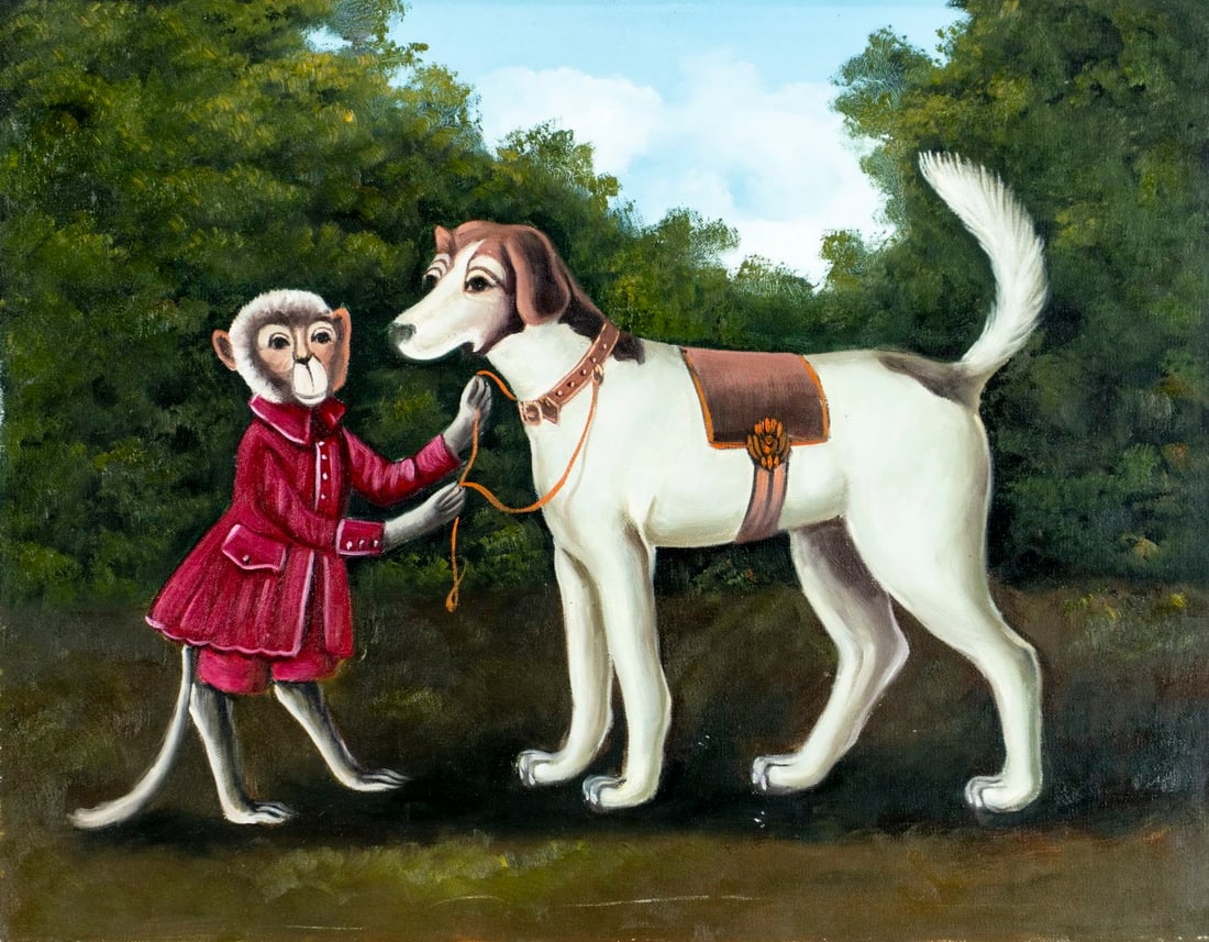 Vintage 20C oil painting: ARTIST: - (20 century) TITLE: Monkey and Dog MEDIUM: oil on canvas. Canvas applied to board. CONDITION: Some scratches/paint losses. No visible inpaint under UV light. Nor