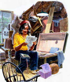 Mel Crawford (CT,Canada,1925-2015) gouache painting: ARTIST: Mel Crawford (Canadian, Connecticut, 1925 - 2015) TITLE: Letters Preserve Memories, Attic Cleaning (titled on verso) YEAR: 1980 MEDIUM: gouache on board