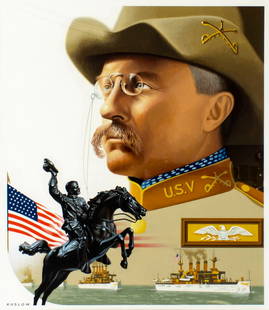 Howard Koslow (NJ,NY,1924-2016) oil painting: ARTIST: Howard Bertram Koslow (New Jersey, New York, 1924 - 2016) TITLE: Theodore Roosevelt (titled on verso) YEAR: 1986 MEDIUM: oil on board CONDITION: