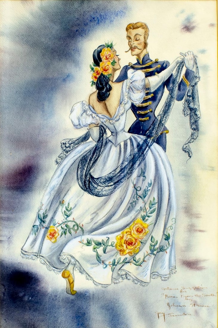 Guy Howard Saunders (FL,IA,1901-1978) watercolor painting: ARTIST: Guy Howard Saunders (Florida, Iowa, 1901 - 1978) TITLE: Costume Suggestion for Risen from the South by Johann Strauss MEDIUM: watercolor on paper CONDITION: Some a